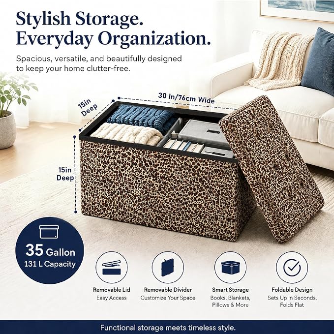 ALASDO 30 Inch Folding Storage Ottoman Bench with Hidden Storage, PU Leather Ottoman Foot Rest Stool, End of Bed Bench for Bedroom, Living Room, Entryway and Closet, Leopard Print