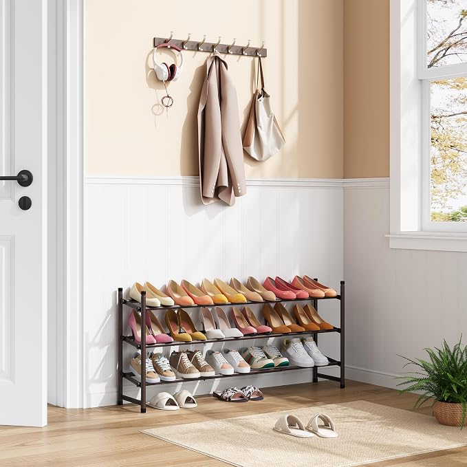 Expandable Shoe Rack for Closet 3 Tier, 28“-41“Stackable, Bronze | Adjustable Shoe Organizer Closet Shoe Rack Floor, Metal Long Shoe Shelf Storage for Entryway, Garage, Front Door Entrance