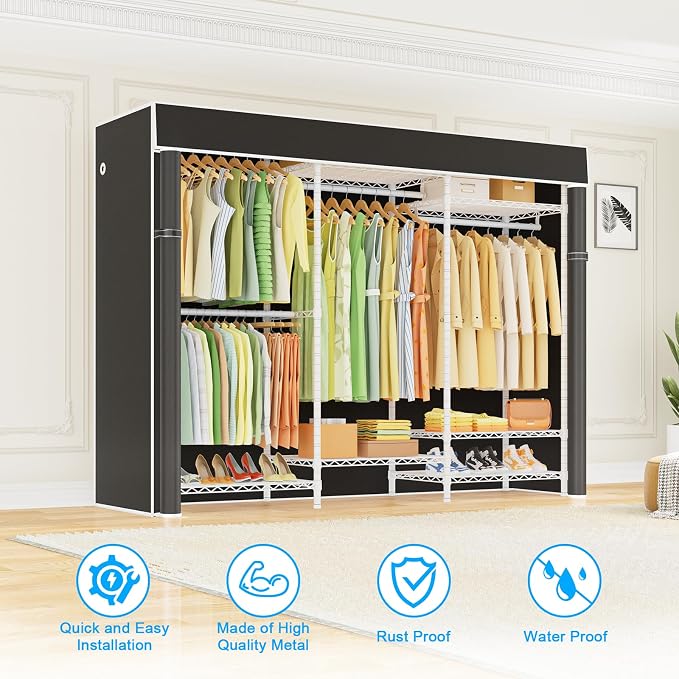 E13C Heavy Duty Closet Organizer System，Freestanding Clothing Racks for Hanging Clothes，Adjustable Garment Rack 63" W x 16" D x 77" H Hold 960 lbs，White Clothing Rack with Black Dustproof Cover