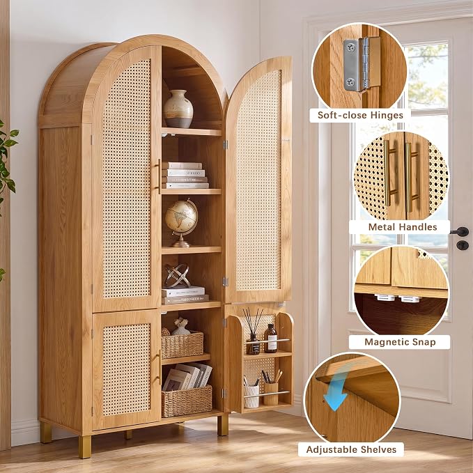 Merax 71" Arched Bookcase,Tall Pantry Storage Cabinet with Shelf Doors | Farmhouse Bookshelf with Rattan Doors Built-in Racks for Home Office,Kitchen,Dining Room,Oak