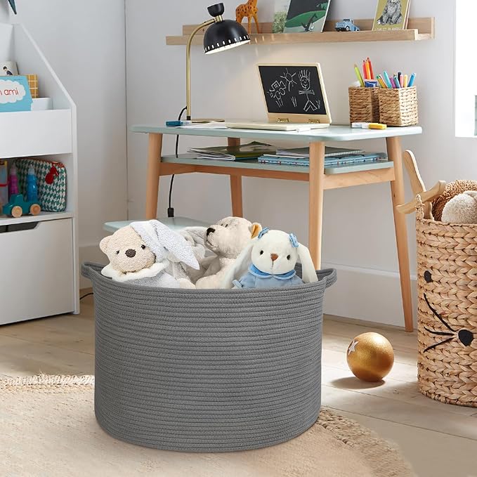 Large Dark Grey Storage Basket, Woven Cotton Rope Baskets for Storage, Big Blanket Organizer Storage Basket for Living Room, Kids Room Toy Storage Organizer Box, Blanket Keeper (22"x14")