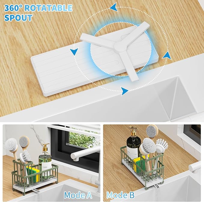 Cisily Sponge Holder for Kitchen Sink, Sink Caddy Organizer with High Brush Holder, Kitchen Countertop Organizers and Storage Essentials, Rustproof 304 Stainless Steel (Sage Green, 9.25″)