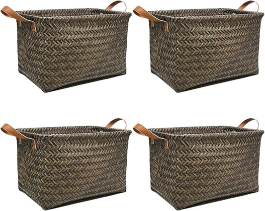 GIB Wicker Woven Storage Baskets for Organizing Blankets Laundry Shelves | Clothes Hamper, Large Closet Storage Bins Organizer, Living Room Toys Shoes Organization, Plastic Rattan, Espresso, 4 Pack