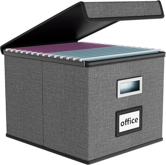 File Organizer Box with Lids, Collapsible File Folder Organizer | File Box with Plastic Slides for Document, Filing Bin for Letter Size Hanging File Folders (1 Pack, Smoky Gray)