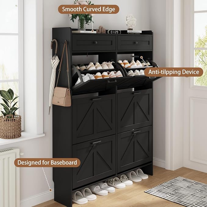 Shoe Cabinet with 6 Flip Drawers & 2 Top Drawers, 57" Tall Freestanding Narrow Wooden Shoe Storage Organizer for Entryway, Hidden Slim Shoe Rack for Front Door Entrance, Hallway, Living Room, Black