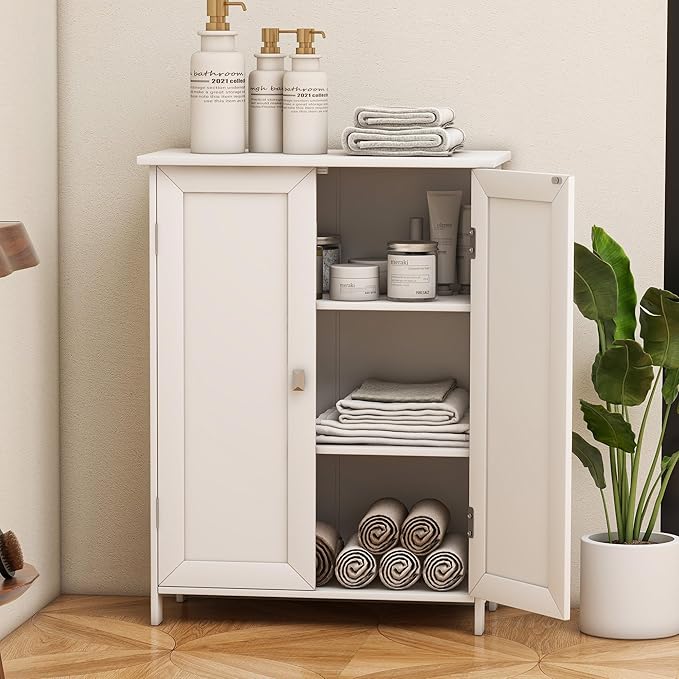 Bathroom Cabinet with Adjustable Shelf Freestanding Storage Cabinet with 2 Doors Wooden Organizer Floor for Bathroom Kitchen and Living Room (White, 2 Doors)