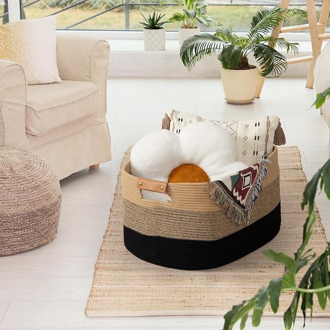 danpinera Large Woven Basket, 108L Large Blanket Basket for Living Room, Nursery, Cotton Woven Hamper for Toy Organizing & Laundry, 25’’*16’’*16’’ Gradient Linen