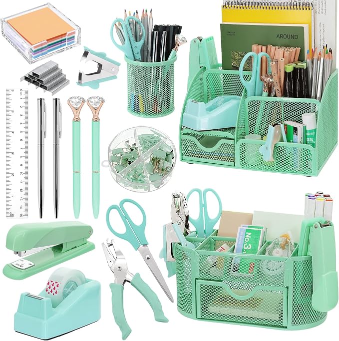17 in 1 Green Desk Organizers and Accessories Set, 3 Office Desk Supplies Storage Organization, 4 Pens, Stapler, Staples & Remover, Tape & Dispenser, Scissors, Ruler, Clips, Hole Punch, Back to School