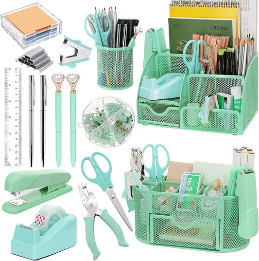 17 in 1 Green Desk Organizers and Accessories Set, 3 Office Desk Supplies Storage Organization, 4 Pens, Stapler, Staples & Remover, Tape & Dispenser, Scissors, Ruler, Clips, Hole Punch, Back to School