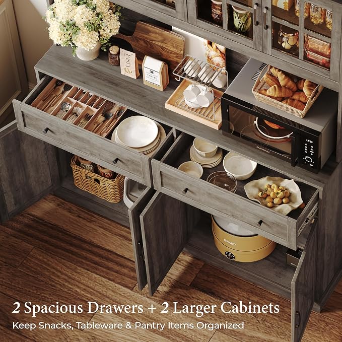 71''H x 55.1''W Pantry Cabinet with Charging Station, 4 Wide Cabinets Kitchen Pantry with 2 Drawers, Farmhouse Hutch Storage Cabinet, Tall Coffee Bar, Acrylic Door, Adjustable Shelves, Grey