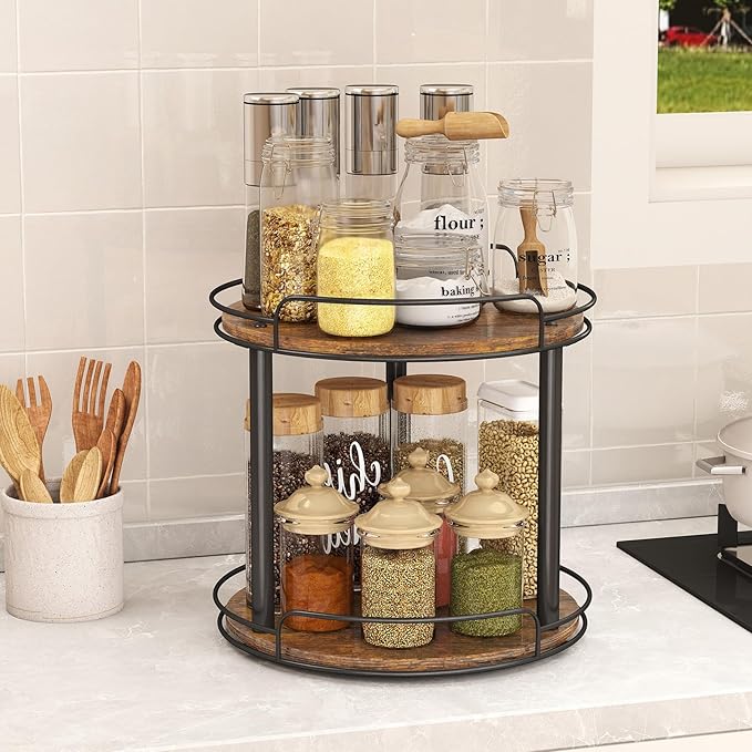 LAMU 9'' Wood Lazy Susan Turntable Organizer for Cabinet, 2 Tier Lazy Susan Spice Rack Organizer for Kitchen, Table Top, Countertop, Pantry, Medicine Organizer