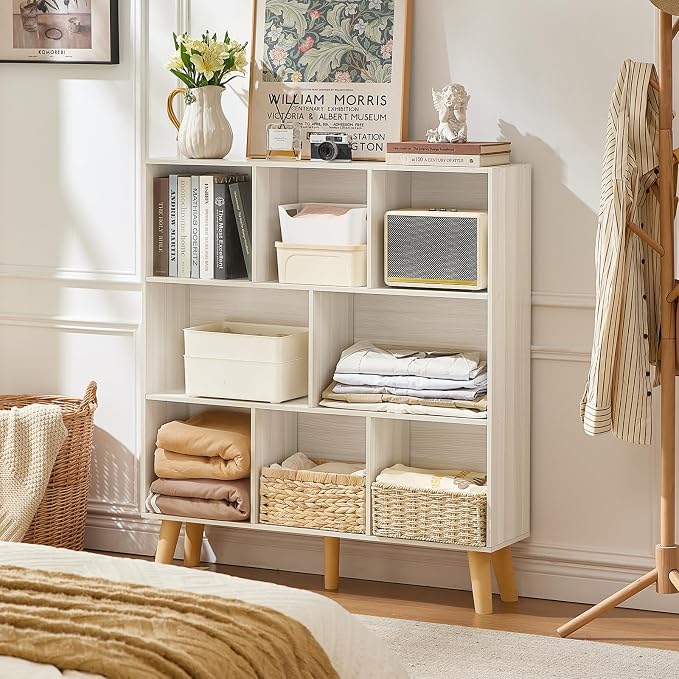 LEYAOYAO 8 Cube Bookshelf,Mid-Century Modern Bookcase with Legs,Light Grey | 3 Tier Book Shelf,Rustic Wood Bookshelves Freestanding Large Storage Organizer, Open Shelves for Bedroom, Living Room, Office