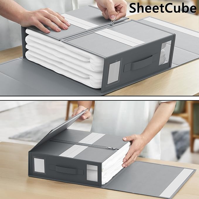 SUOCO SheetCube Bed Sheet Organizers and Storage 6 Pack, Foldable Linen Closet Organizer with Window and Label, Bedding Folder Storage Box Container for Blanket, Duvet Cover Set, Bed Sheet Set - Grey
