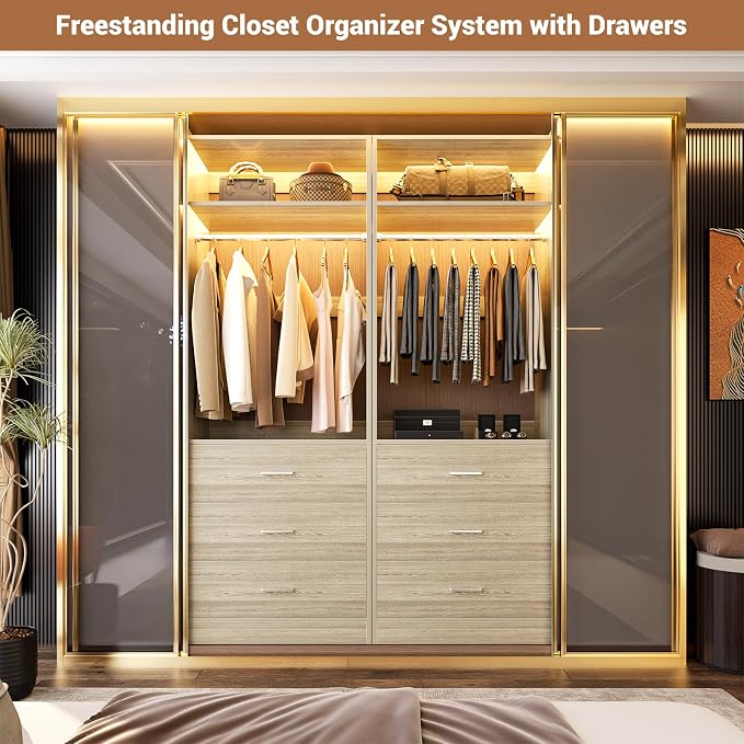 Besiost Closet System Set of 4, 8FT Closet Systems with 12 Wood Drawers, 96" Closet Organizer System with 4 Hanging Rods & 4 Shelves,Heavy Duty 96 Inch Walk-in Closet,White Oak (96"L x 15" W x 80" H)