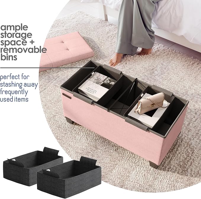 Storage Ottoman Bench with Bins, 30-in Storage Bench for Bedroom End of Bed, Folding Foot Rest Ottoman for Living Room Max 660lbs, Fabric Ottomans, Pink