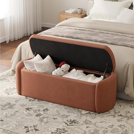 VKNOW Storage Bench, Upholstered Storage Ottoman Bench with Hinge, Rust Red | Ottoman Bench with Large Capacity, Curved Frame, King Size Bench, Storage Bench for Bedroom, Living Room, Entryway, Window