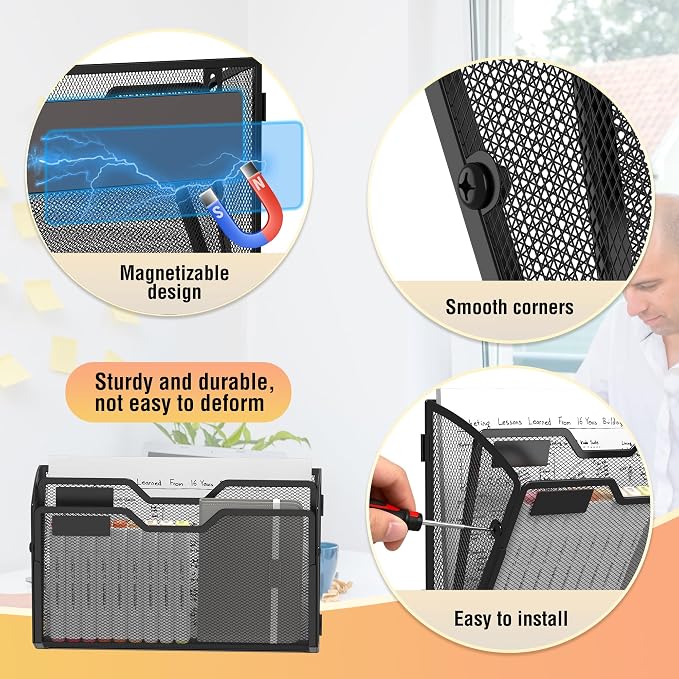 Docnest 3 Pack 2 Tier Dual-Mount Magnetic Mesh File Holders, Wall Organizer | Mount magnets or screws. 2-in-1 hanging mesh mail letter organizer with hooks for office and home clutter