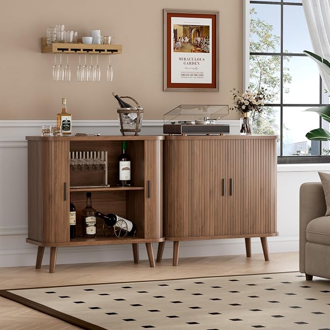 BORNOON Buffet Cabinet with Storage, Curved-Edge Fluted Storage Cabinet Sideboard, Modern Walnut Sideboard Buffet with Adjustable Shelves & Sliding Door for Dining Room, Kitchen, Entryway
