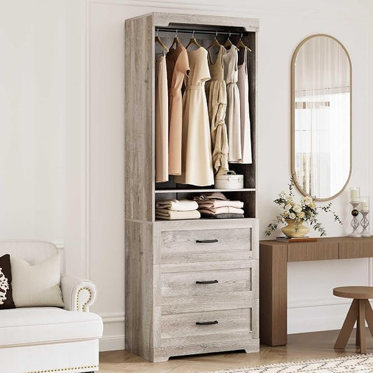 IRONCK Freestanding Closet System with Adjustable Shelves & 3 Drawers | Closet Organizer with Hanging Rod, Ideal for Bedrooms, Apartments and Small Closet Storage