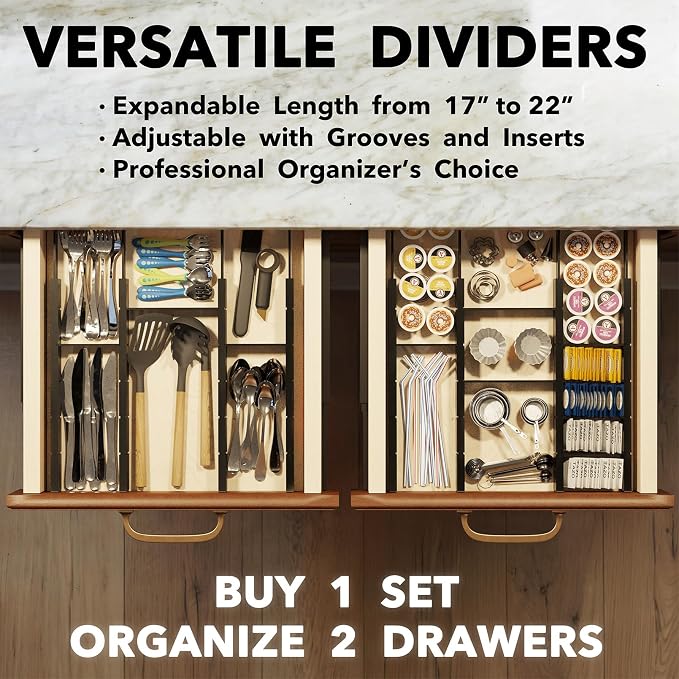 SpaceAid Bamboo Drawer Dividers with Inserts and Labels, Kitchen Adjustable Drawer Organizers, Expandable Organization for Home, Office, Dressers, 10 Dividers with 24 Inserts (17"-22" Black)