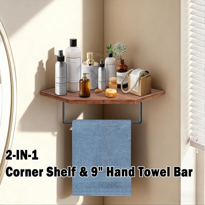 Hand Towel Holder/Towel Ring with Wooden Shelf, Hand Towel Rack, Hand Towel Hanger for Bathroom, Bath Accessories Wall Mounted, (Matte Black, 9.2"-Diamond Shaped)