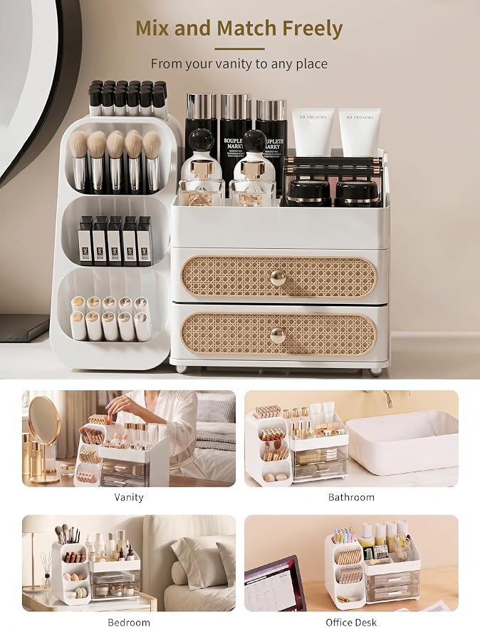 Booklov Large Makeup Organizer for Vanity Countertop, White | Plastic Cosmetic Display Case with Drawers, Beauty Brush Holder for Bathroom Counter, Skin Care Perfumes Storage