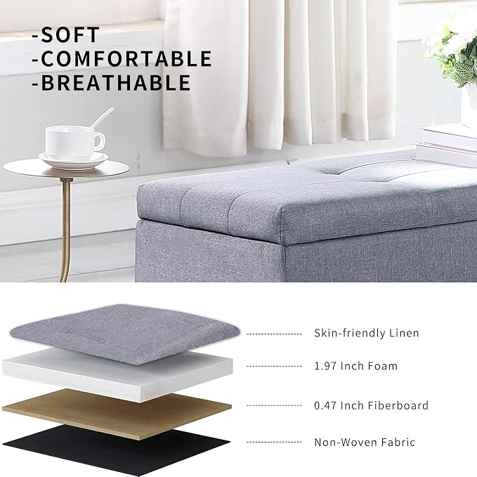 38'' Hinged Storage Ottoman w/Small Foot Stools, Set of 3, Grey | No Tools Assembly, Classical Tufted Cushion Top, Soft Linen Fabric, Large Store Capacity, for Entryway, Window, End of Bed