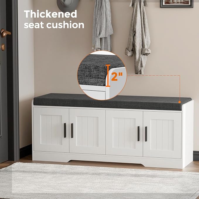 Homleke Shoe Storage Bench, 4 Doors & Thickened Padded Seat Cushion | 2-Tier Shoe Bench, Entryway Bench, Adjustable Shelf, 13.8" D x 45.3" W x 18.5" H, for Living Room, Bedroom, White
