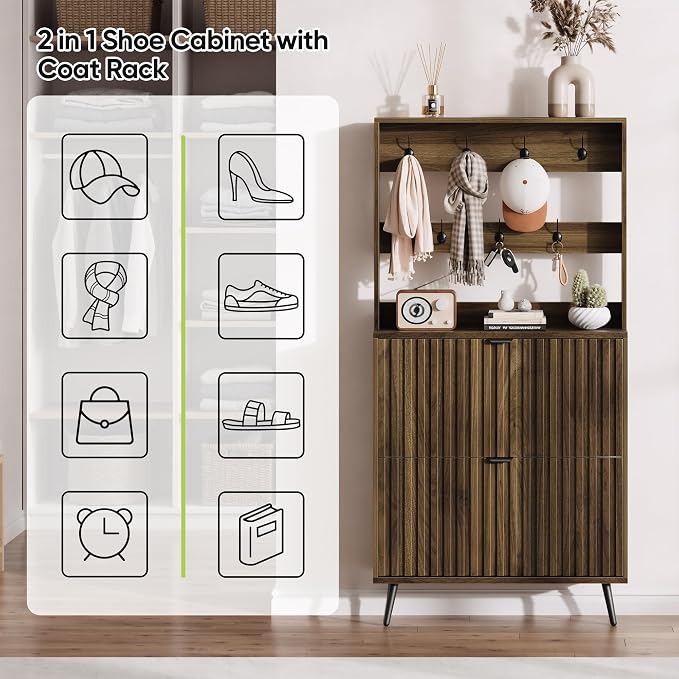 Smart FENDEE Tall Shoe Cabinet with Coat Rack,Fluted Shoe Cabinet Storage for Entryway, Walnut Hidden Shoe Cabinet with Metal Legs,Shoe Organizer Cabinet, Slim Entryway Shoe Storage Cabinet （31.5in）