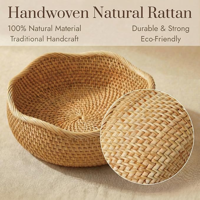 YANGQIHOME Rattan Bread Basket, Round Fruit Baskets, Wicker Storage Bowls, Natural Woven Serving Basket Bowls, Decorative Baskets for Kitchen Counter Organizing (Natural M)