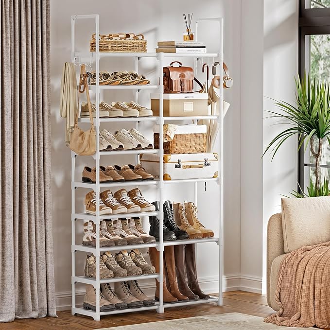 WOWLIVE 9 Tier 2-Column Shoe Rack, 30-35 Pairs Stackable White | Compact 33.75in long fits narrow spaces. Removable layers for boots/heels. Split design for flexible layout.