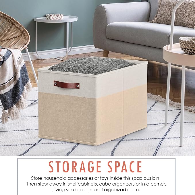 Ornavo Home 13x15x13 Foldable Fabric Storage Cube Bins, 6 Pack, White/Khaki | Collapsible Linen Shelf Basket Organizer; Leather Handles; Fits Cube Storage Shelving Units