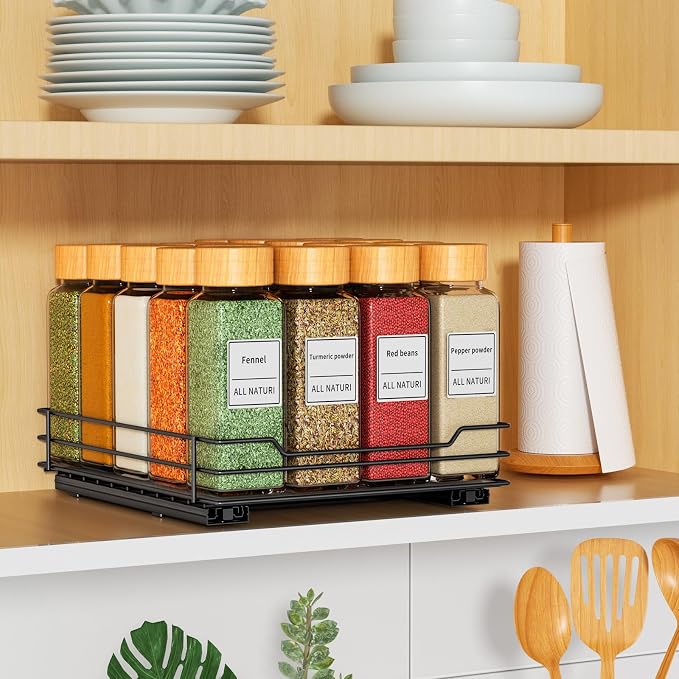 RCHYFEED Pull Out Spice Organization for Cabinet,8.5" Wx10.5 Dx2.5 H,1 Tier | Heavy Duty Slide Out for Inside Cabinet & Pantry, Kitchen Cabinet Seasoning Organizer,Vertical Spice Racks Storage Spices