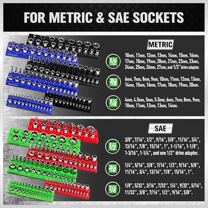 SWANLAKE Magnetic Socket Organizer Set, 1/4", 3/8", 1/2" Sockets Holds 286 Pieces Magnetic Socket Trays (Blue&red&black&green, 12 Pcs)