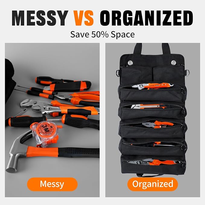 Portable Foldable Roll Up Tool Bag, Heavy Duty Tool Organizer Bag with 5 Compartments & 2 Detachable Pouches for Tools Storage, Waterproof Tool Roll Bag for Dad Men Electrician Mechanic Gifts
