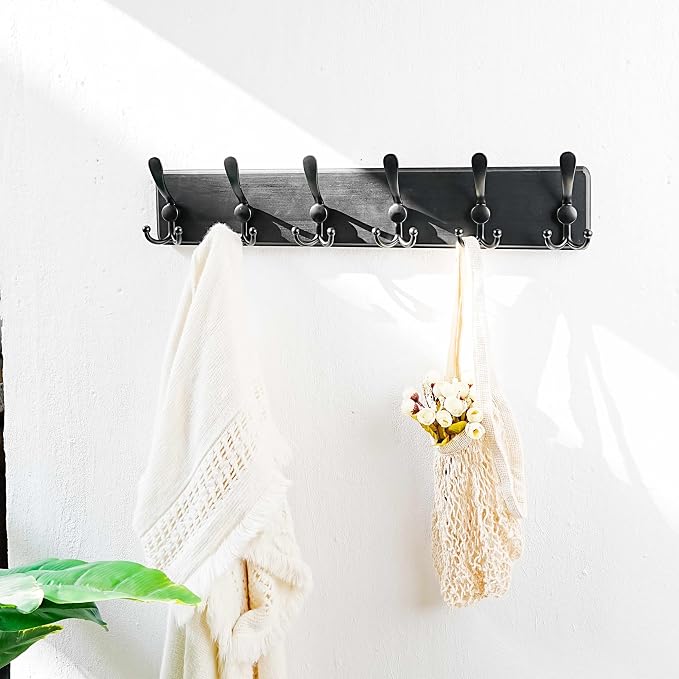 Coat Rack Wall Mounted - 24" Long 6 Tri Hooks, Heavy Duty Wooden Wall Coat Hanger Coat Hook for Clothes Hat Jacket Clothing, Black