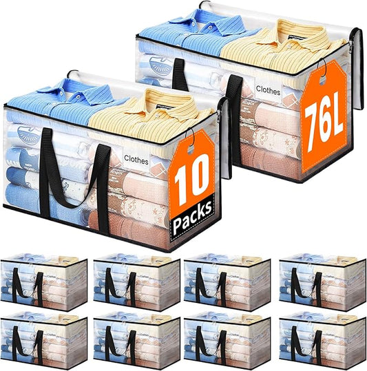 Moving Bags, Extra Large Heavy Duty Storage Bags, 76L, 10 Packs | Packing Bags with Strong Zippers & Handles, Top Opening Foldable Storage Tote for Home Organization and College Dorm Move-In