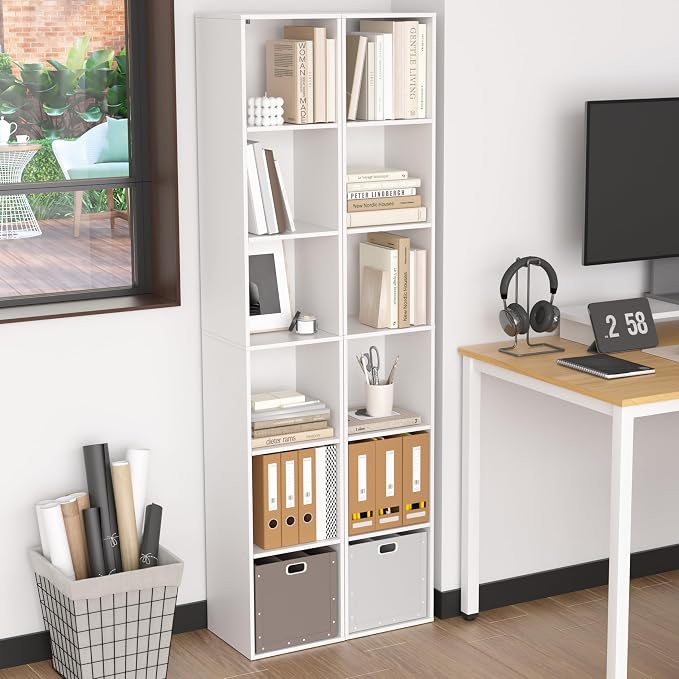 White Cube Shelf, 6 Cube Storage Organizer, 6-Tier Freestanding Low Bookshelf, Modern Cube Shelf for Living Room, Bedroom, Kids Toys, Home Office, Multi-Purpose Tall Cube Storage Furniture