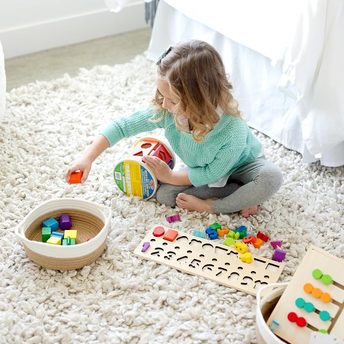 5-Piece Round Woven Cotton Rope Storage Baskets for Organizing, Small Shallow Nesting Set for Montessori Toys, Entryway Catchall, Fruit Bowl, Key Tray, Remote Holder, Nursery & Pet Toys