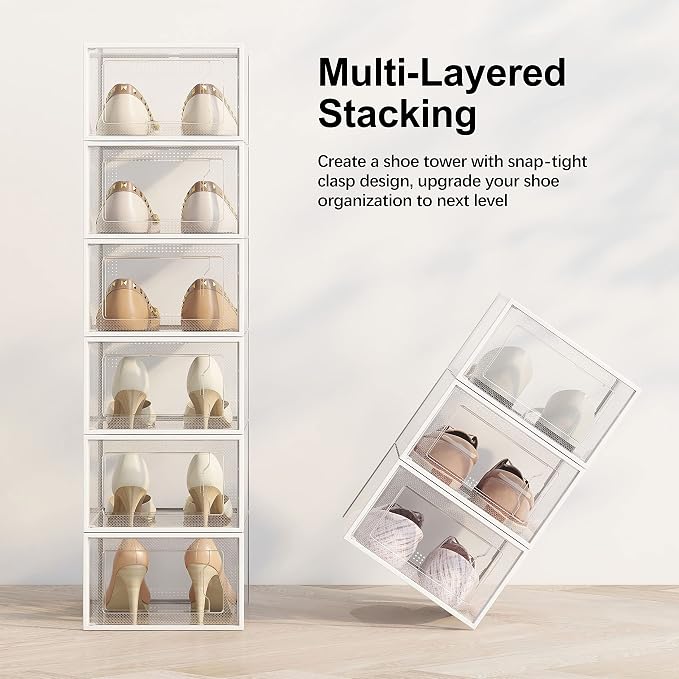 SEE SPRING 12 Pack Shoe Storage Box, Clear Plastic Stackable Shoe Organizer for Closet, Space Saving Foldable Shoe Rack Sneaker Container Bin Holder