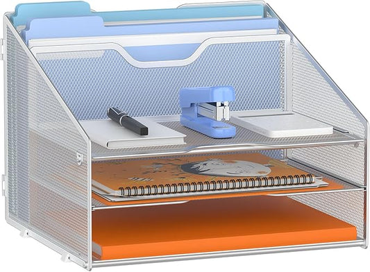 GAWERK Letter Tray Organizer, Mesh Desk File Organizer with 3 Paper Trays and 2 Vertical Upright Section (Silver)