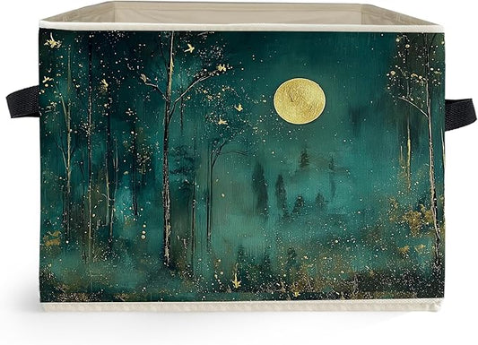 Dark Enchanted Forest Full Moon Storage Box Bins, Mystical Moonlit Night Forest Collapsible Storage Basket Organizer for Bedroom Laundry Room Home Clothes Books, Decor for Room
