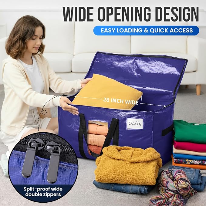 TAILI 10 Pack Dark Blue Extra Large Moving Bags, Heavy Duty Totes with Visible Window, Wrap Around Handles, Great for Space-Saving