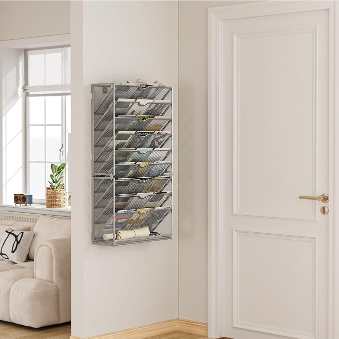 Lavatino 10-Tier Hanging Wall File Folders Organizer - Silver Metal Mesh Paper Magazine Document Mail Holder File Organizer for Office School Home Wall Mount or Desk Supplies Organization