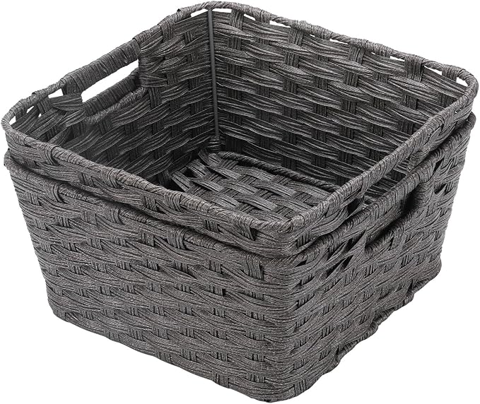 2-Pack Plastic Wicker Storage Baskets for Bathroom, 12"x12"x6", Dark Grey | onlytak woven storage bins for shelves, toilet paper, closet, and home organizing – stackable, durable.