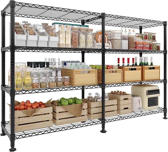 Garvee Metal Storage Shelves 4-Tier, Wire Shelving Rack 59"Wx13.8"Dx59.5"H, | Heavy Duty Load 1060LBS, Adjustable/L-shaped, Wire Rack, for Garage Kitchen Pantry Room Storage, Tool-Free Assembly, Black