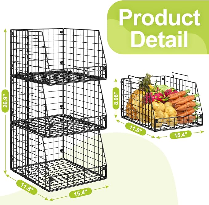Jakyitvi 3 Pack XXL Stackable Wire Baskets, Large Storage Bins for Onion, Potato, Vegetable, Fruit, Snack, Pantry Baskets for Kitchen Cabinet Countertop, Pantry Organizers and Storage Solutions