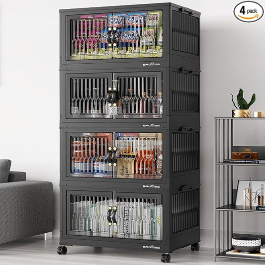 BROVIEW 320 Qt Stackable Storage Bins with Lid, Plastic Closet Organizers and Storage Drawer, Collapsible Storage Box with Wheels, Folding Storage Cabinet for Closet Clothes Organization, 4Pack Black