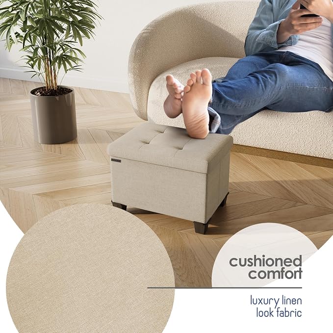 Storage Ottoman Cube with Small Bin, 16-in Square Ottoman with Storage for Living Room and Bedroom, Small Ottomans Foot Rest, Fabric Foot Stools Ottomans Max 330lbs, Beige