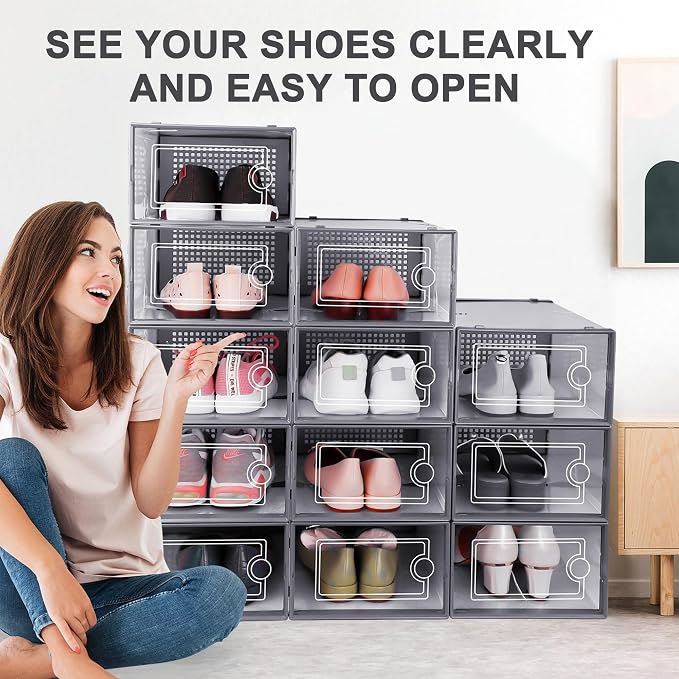 Kuject 12 Pack Large Shoe Boxes, Clear Stackable Containers with Lids,Grey | Shoe organizers for closet & entryway, under-bed,Drop-front design fits women's size 10